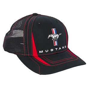 Black/Red Ford Mustang Tribar Cotton Mesh Baseball Cap