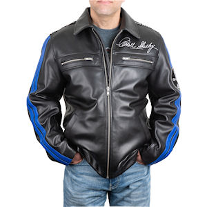 Handmade Shelby Lamb Leather Jacket with blue Racing Stripes