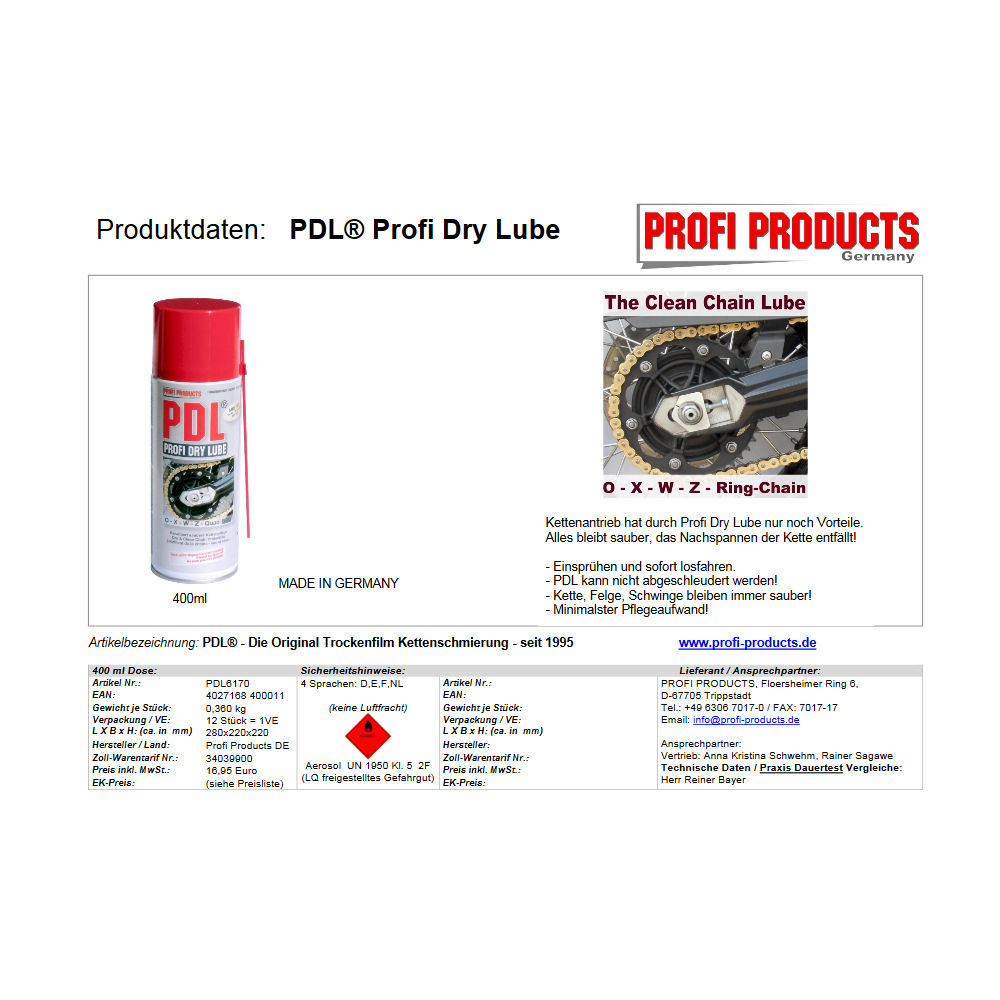 PDL Profi Dry Lube HighTech PTFE Lubricant based on Teflon 380ml