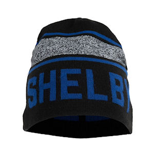 Schwarze Shelby Mütze mit blauen und grauen Streifen aus Acryl Schwarze Shelby Mütze mit blauen und grauen Streifen aus Acryl
