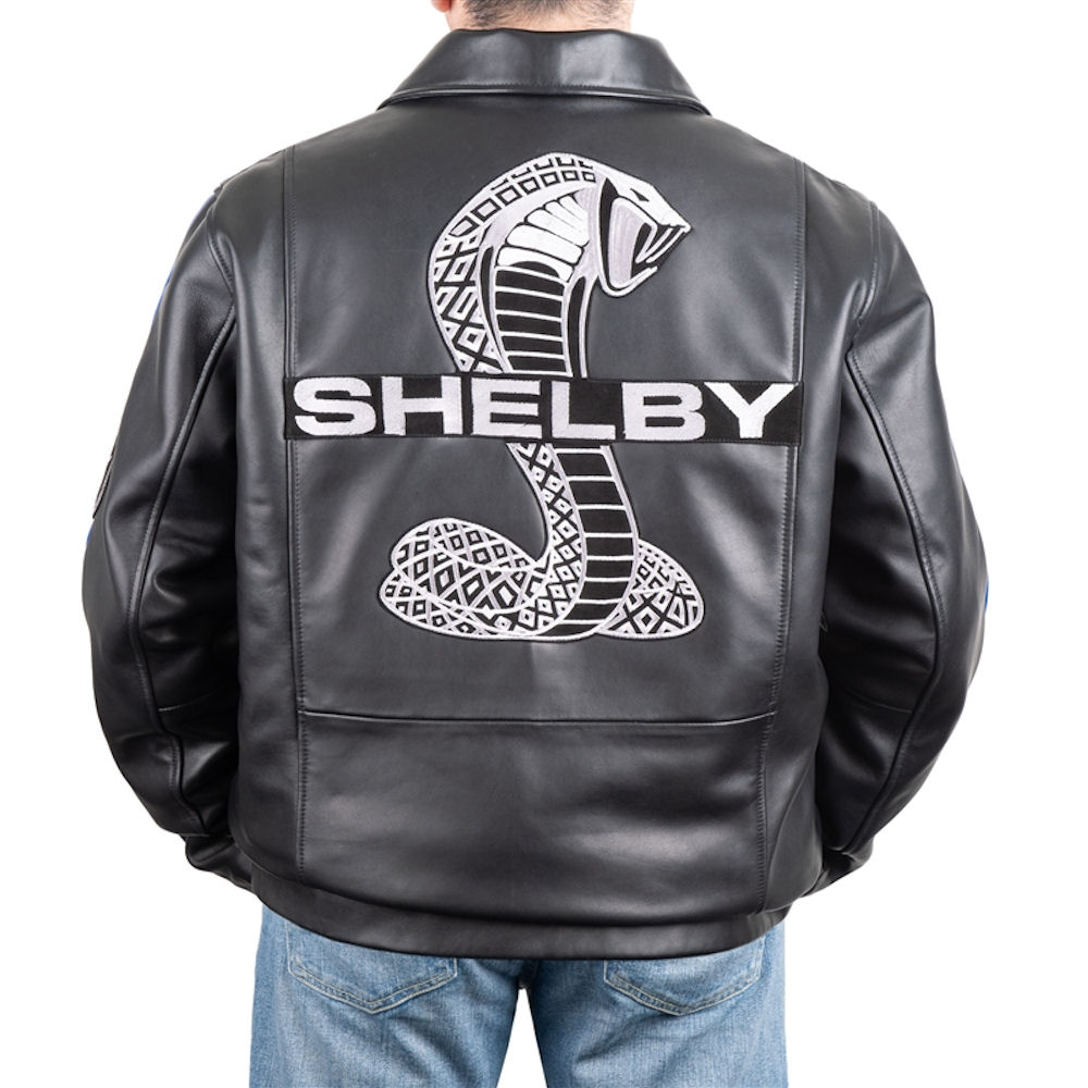 Handmade Shelby Lamb Leather Jacket with blue Racing Stripes - Main Image