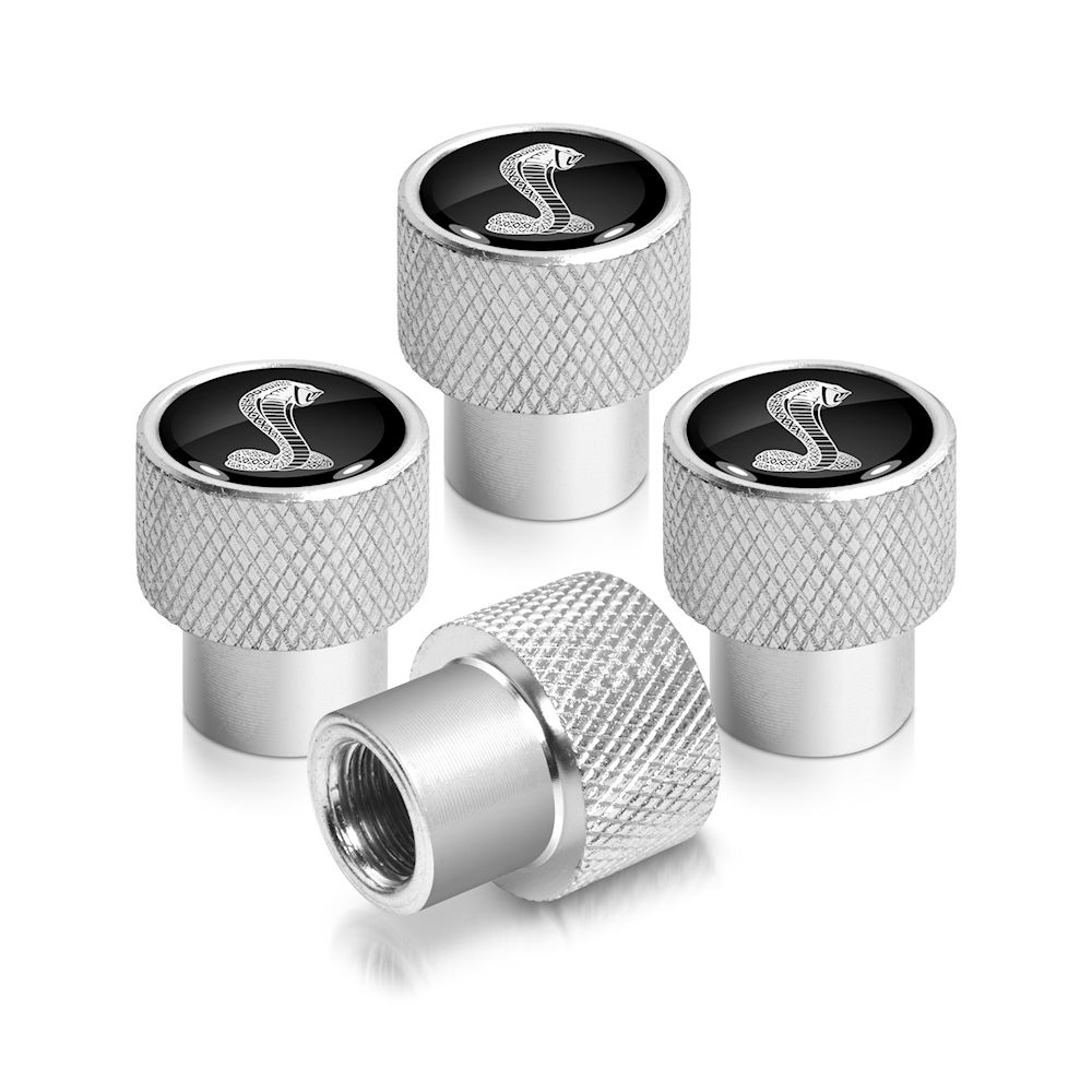 FORD MUSTANG SHELBY COBRA SNAKE LOGO BLACK CHROME VALVE STEM CAPS VINTAGE SET 4p