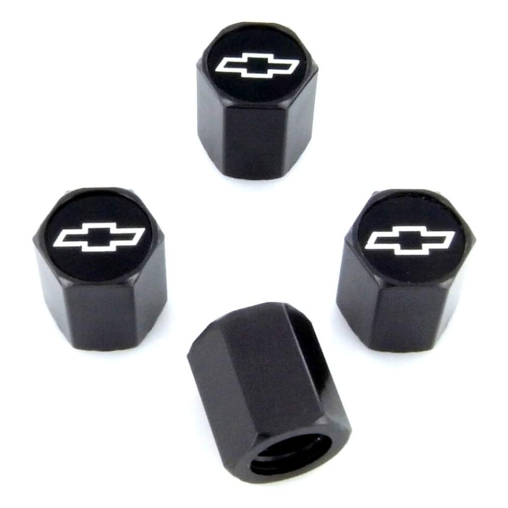 Tire Valve Stem Caps (black) Chevy Bowtie white